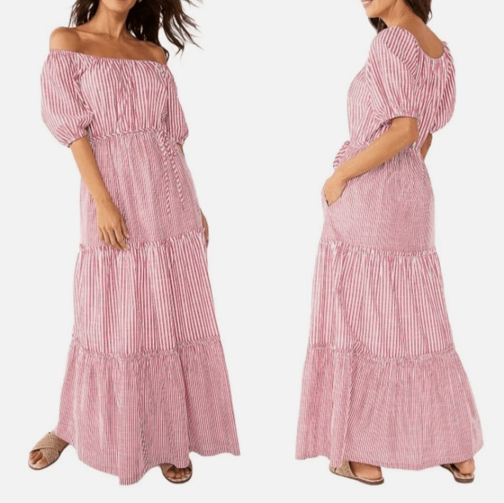 Striped Pink Off-Shoulder Maxi Dress Size L Draper James